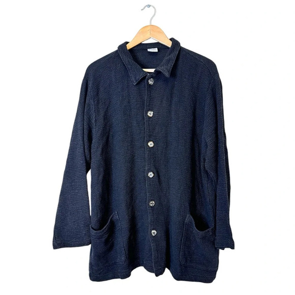 CP Shades Large Black Button Down Shirt Heavy Knit Cotton Jacket Lagenlook - Picture 1 of 8
